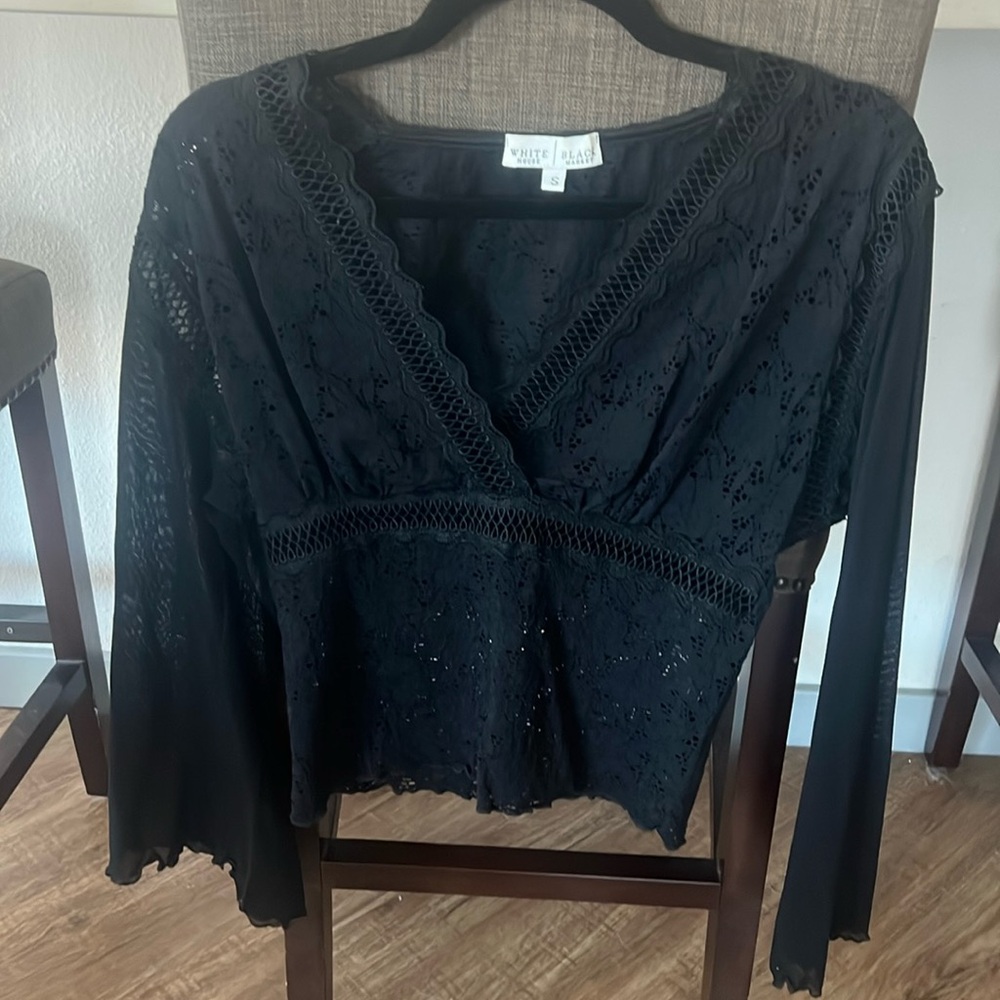 White House Black Market lace and sheer sleeve V neck Blouse - Size S